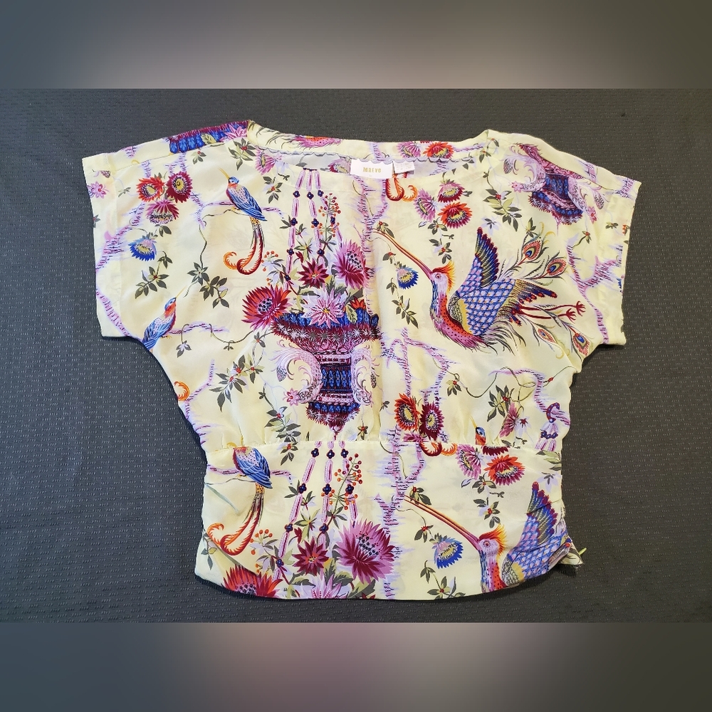 Anthropologie Maeve Floral Hummingbird Print Silk Blouse Size 4